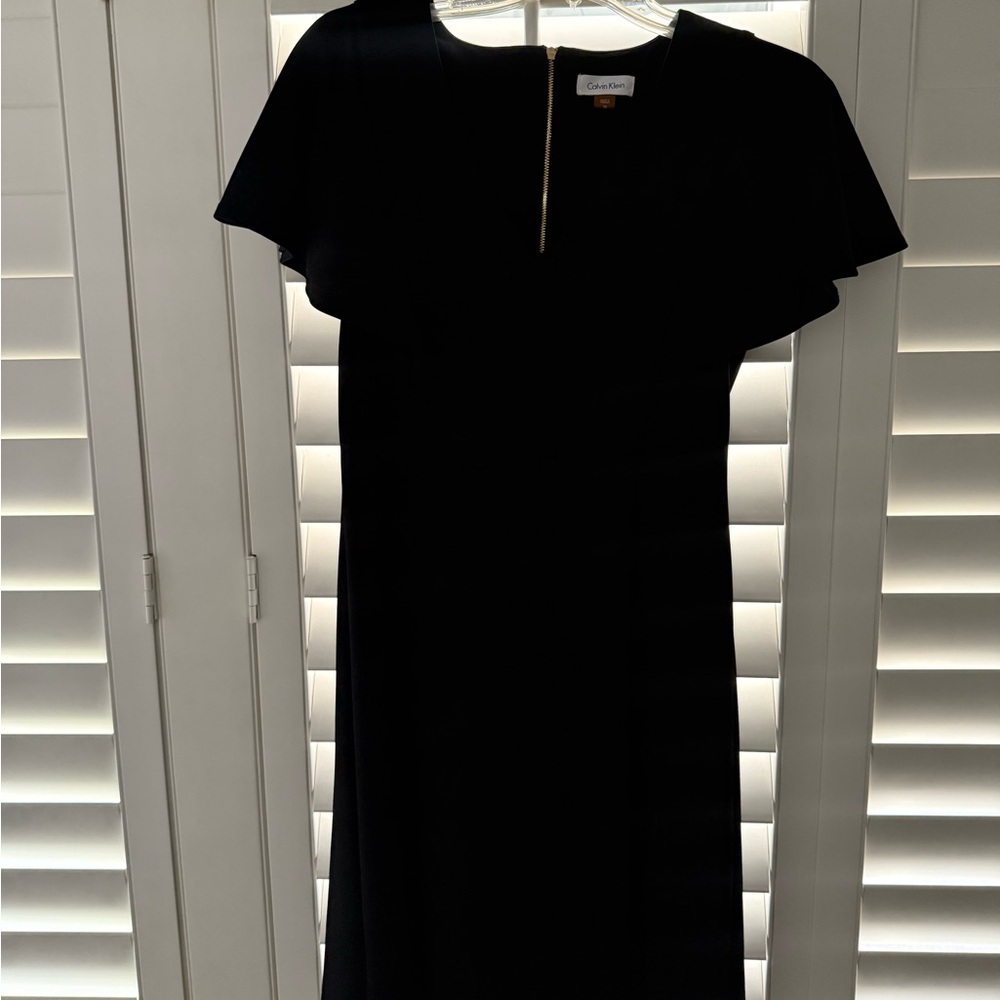 Calvin Klein Black One Shoulder Flutter Sleeve Sheath Dress